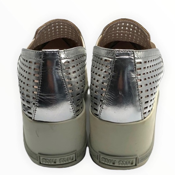Miu Miu Silver Perforated Leather Metal Cap Toe Platform Sneakers - Picture 5 of 6
